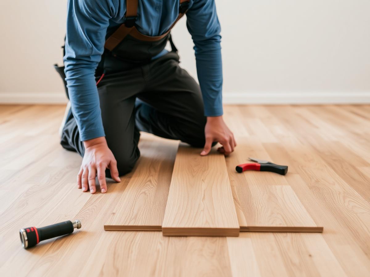 Saroya Flooring installer laying engineered hardwood planks